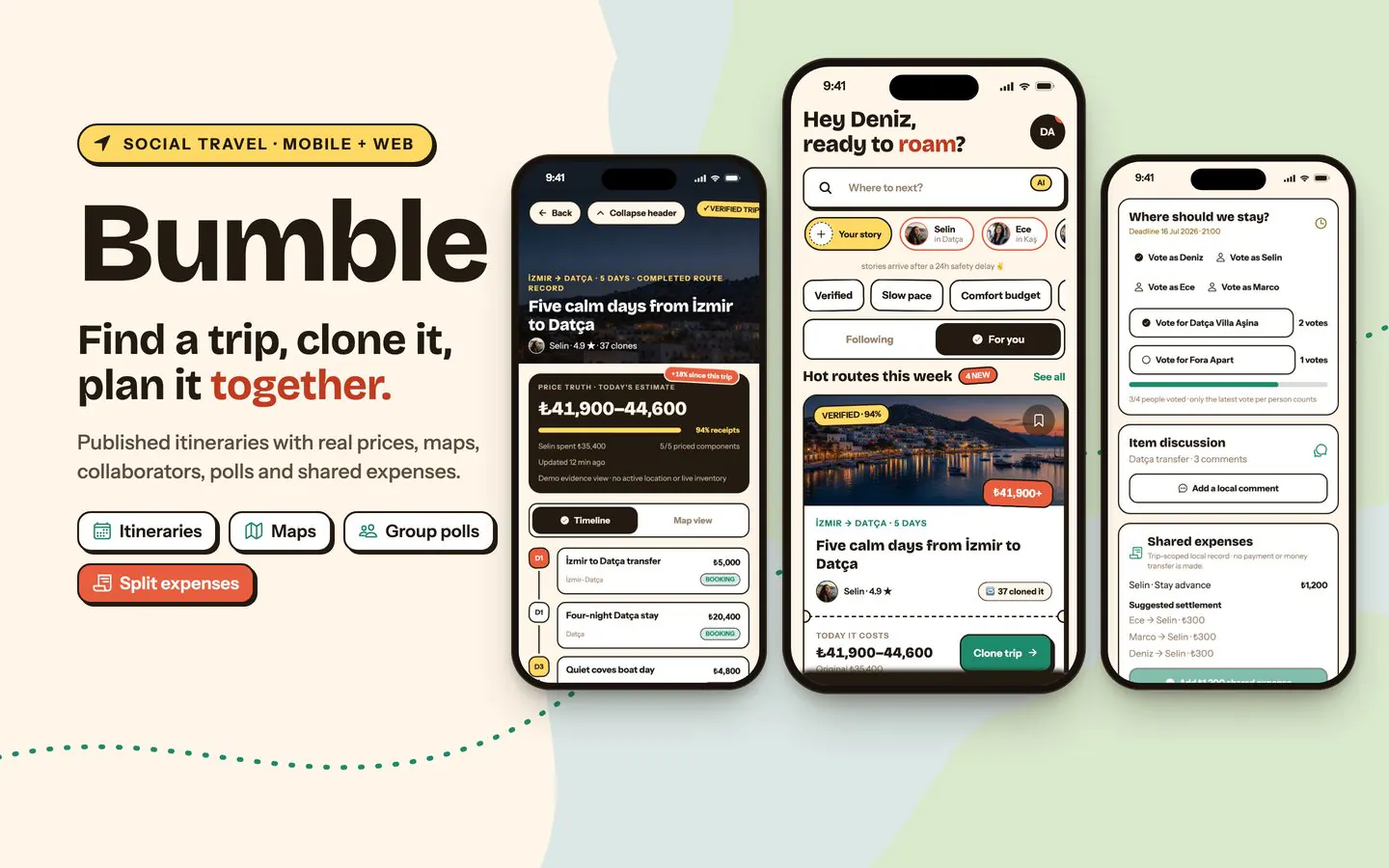 Bumble feature graphic with three phone screens, including a public trip page and the Discover feed