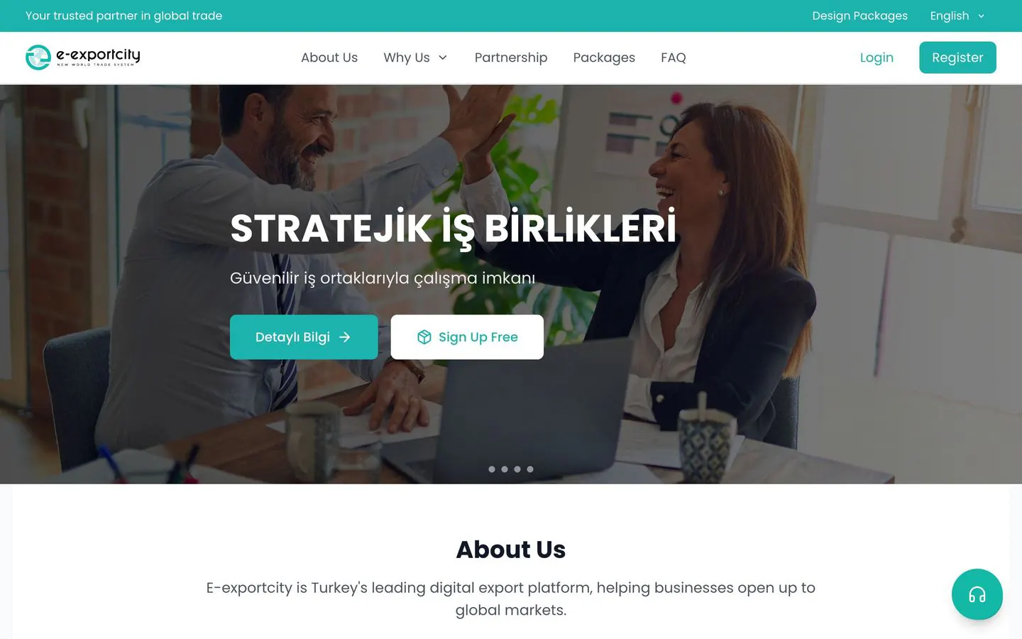 E-Export City home page with a strategic partnerships banner and an about section
