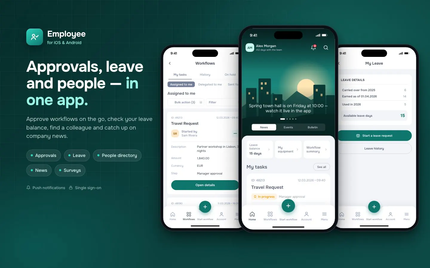 Employee app feature graphic: approvals, leave and people in one app, shown on three iPhone screens