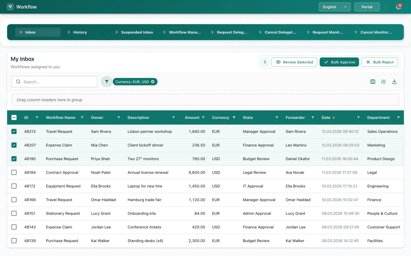 Approvals inbox of the platform's React web app: navigation bar and a table of workflows waiting for approval
