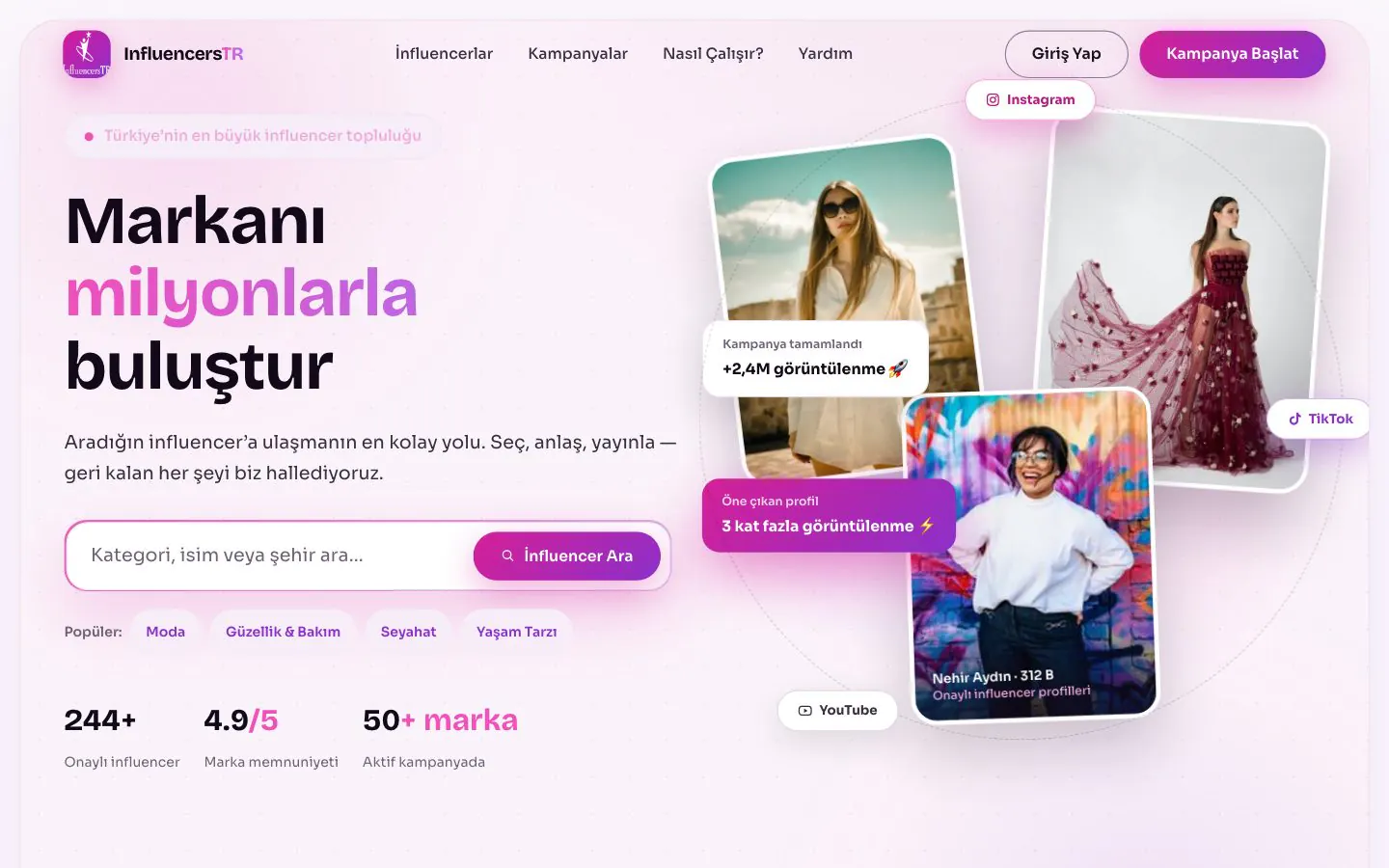 InfluencersTR home page hero ('connect your brand with millions') with an influencer search box and niche chips