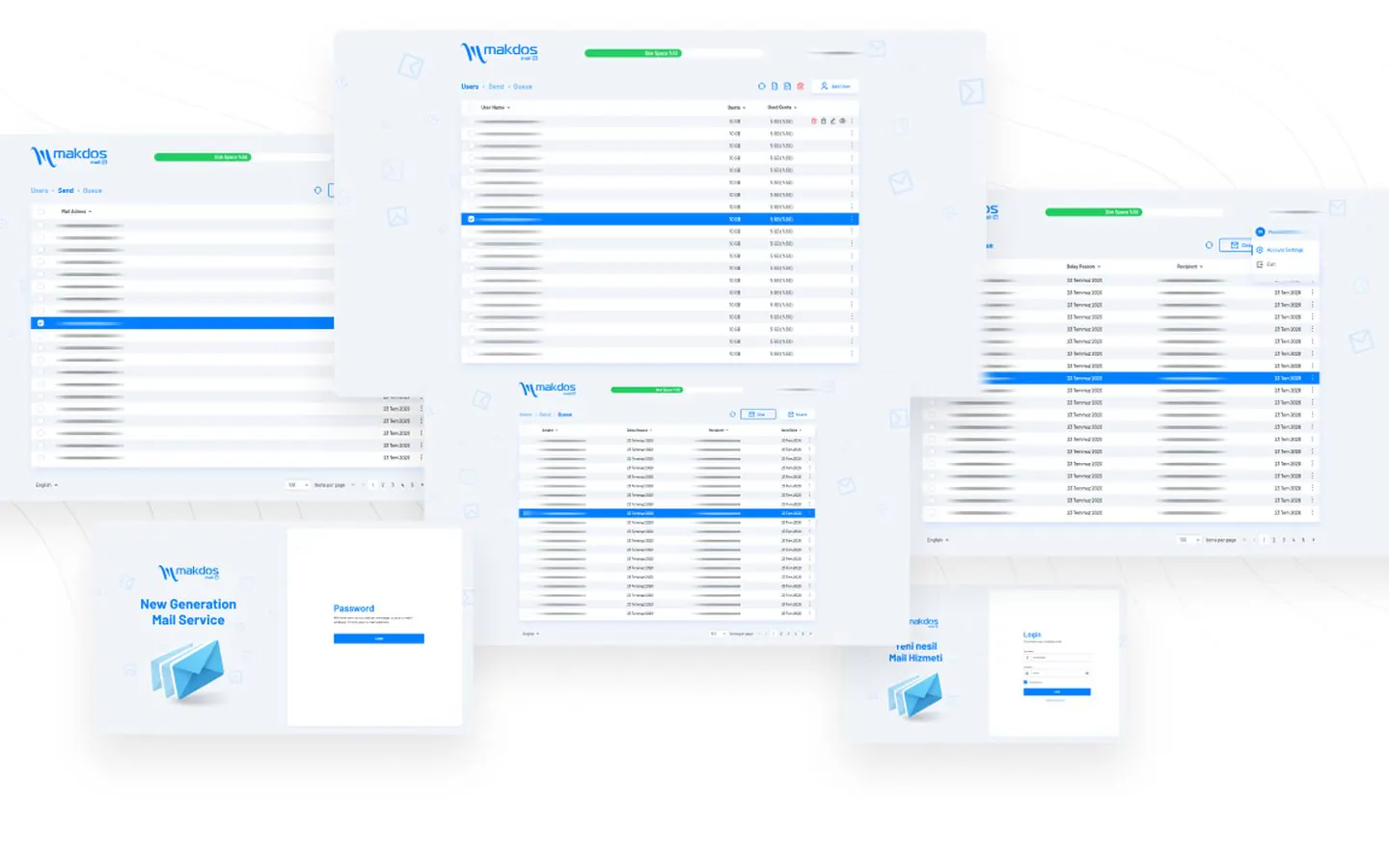 Collage of Makdos Mail web client screens: users, send and queue tables, and the login page