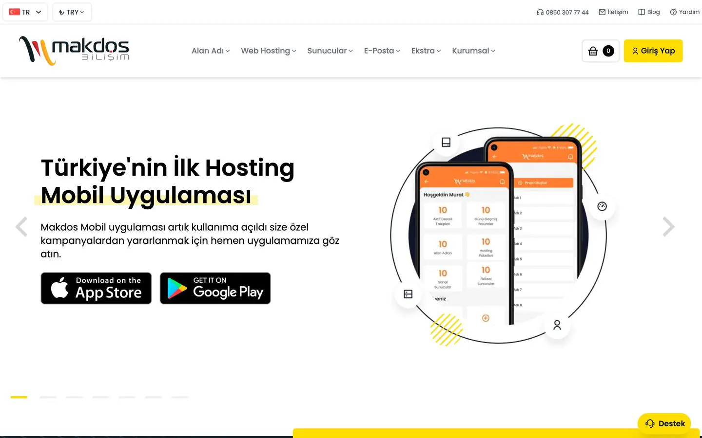 Makdos home page announcing its mobile app, with the domain, hosting and server menus