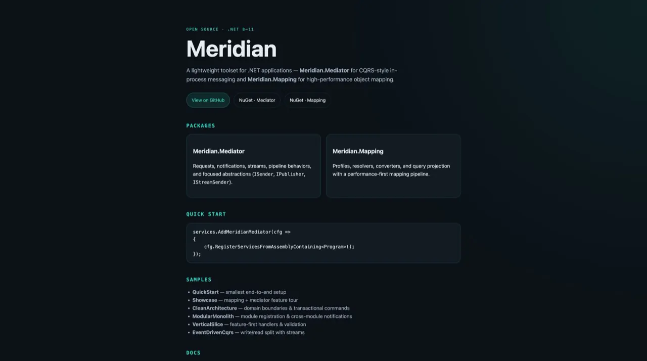 Meridian documentation page with the Mediator and Mapping packages and a quick-start code sample