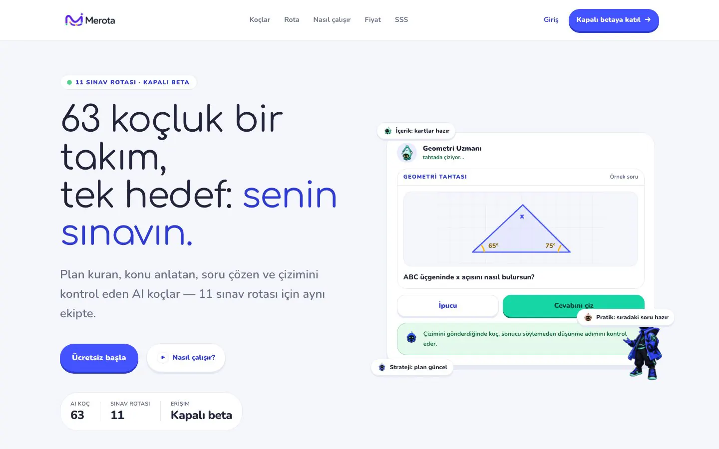 Merota landing page hero with an AI coach solving a sample geometry question