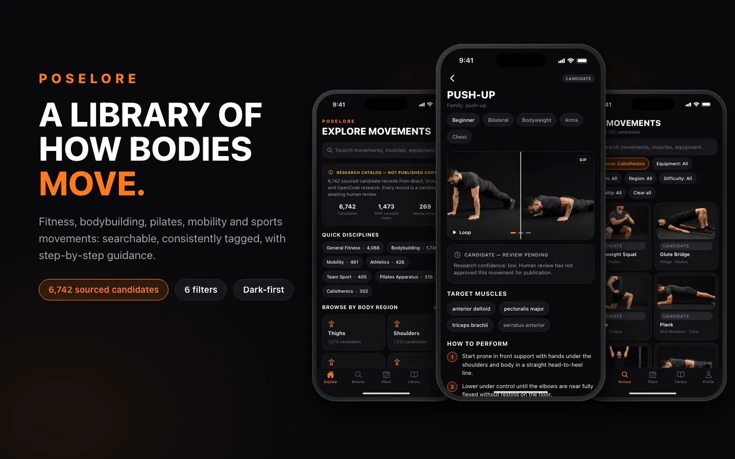 Poselore cover: the headline 'A library of how bodies move' and three phone screens from the movement catalog