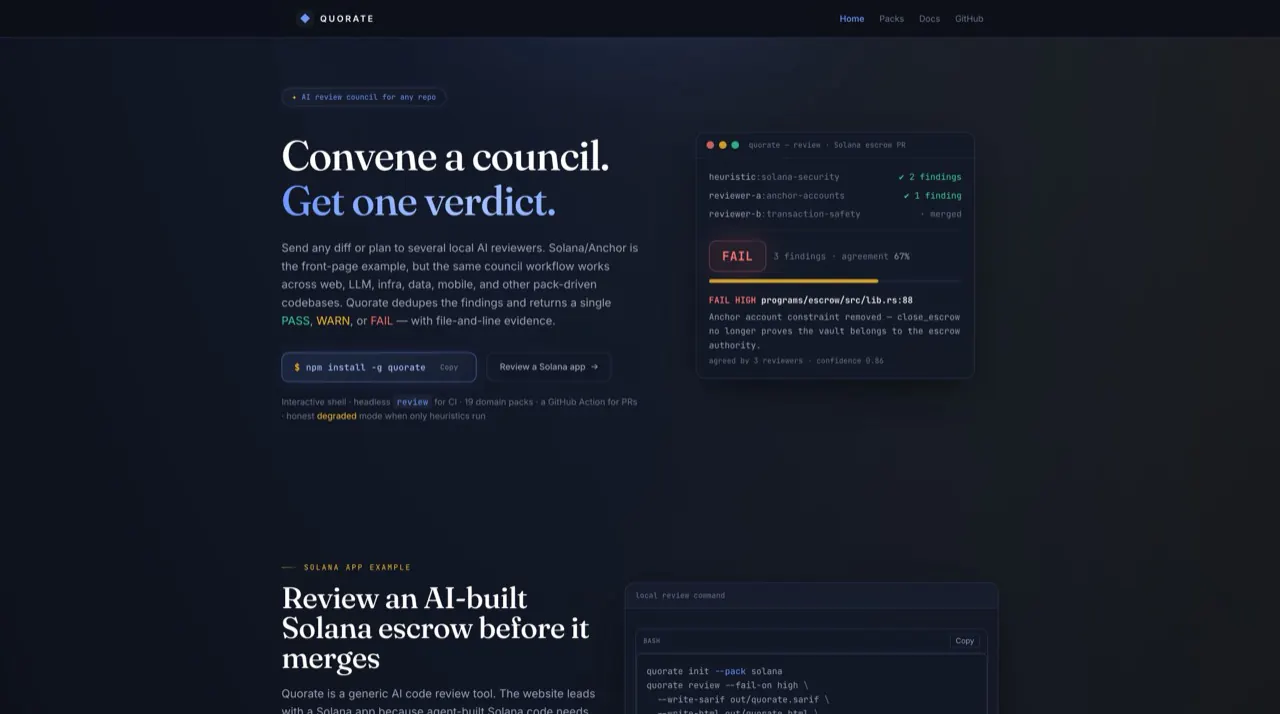 Quorate site hero, 'Convene a council. Get one verdict.', with a terminal showing a FAIL review verdict