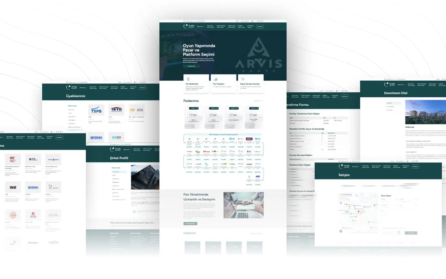 Collage of the Re-Pie corporate website: the home page with fund prices, fund cards and company pages