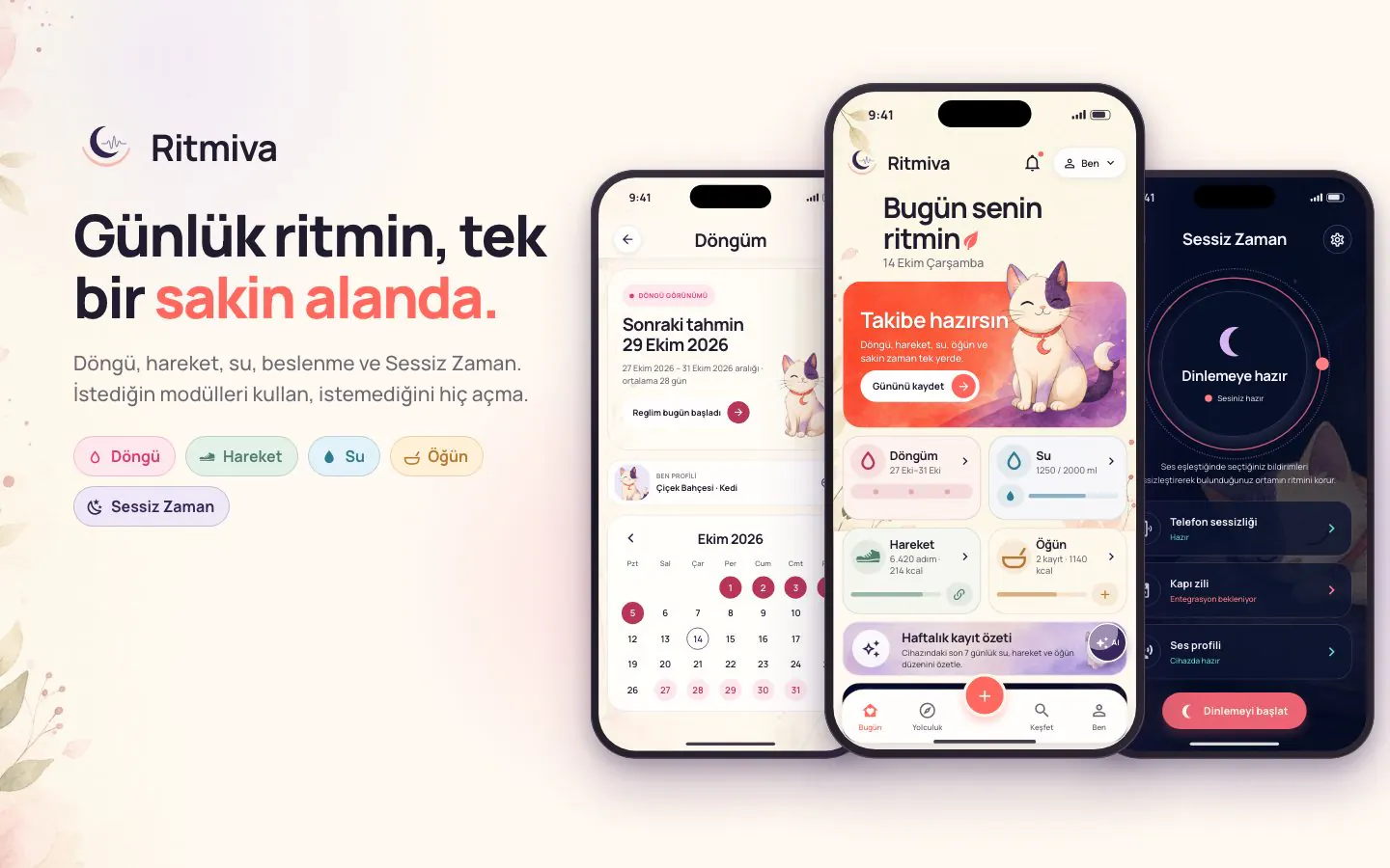 Ritmiva cover: cycle, movement, water, meal and Quiet Time modules, and three phone screens including the cycle calendar