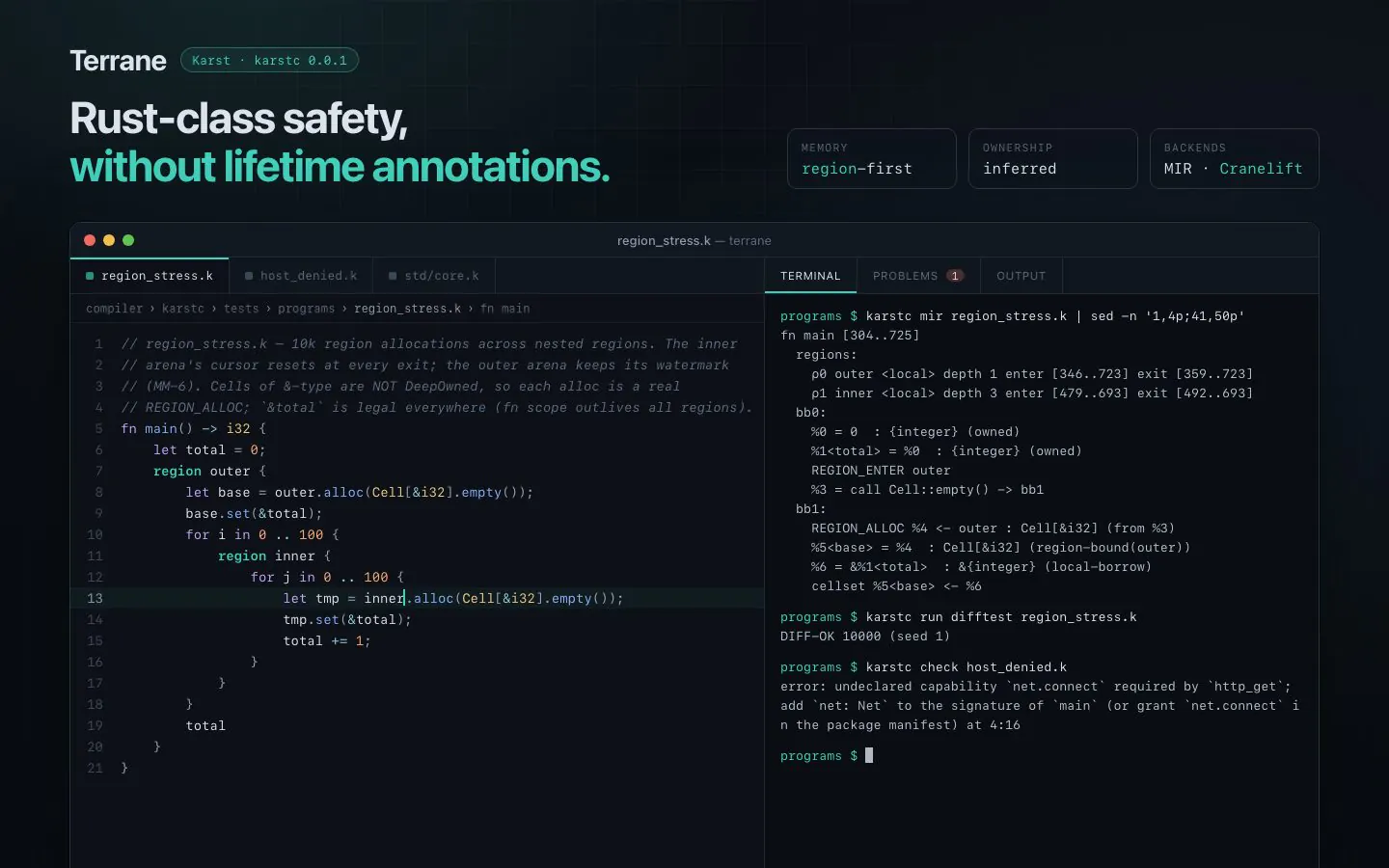 Terrane cover: a Karst source file with region blocks in an editor, next to a compiler terminal